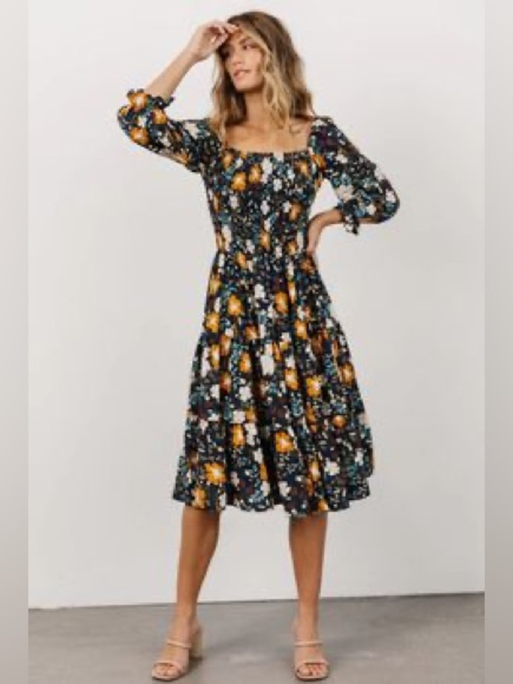 Baltic Born Black Floral Midi Dress with Mustard & Green Accents